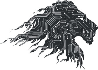 Obraz premium A creative illustration of a lion's head composed of circuit patterns symbolizing technology and strength..