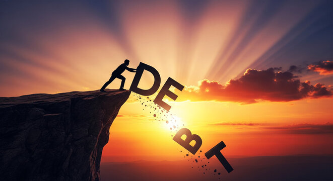 Conceptual image of business person fighting to eliminate financial debt and achieve success and independence.