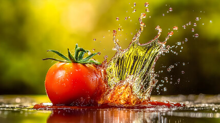 Set of fresh tomatoes splashing in delicious ketchup, cut out
