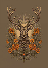 Mystical Deer with Sun Face Symbol and Marigold Flowers Engraving Illustration 