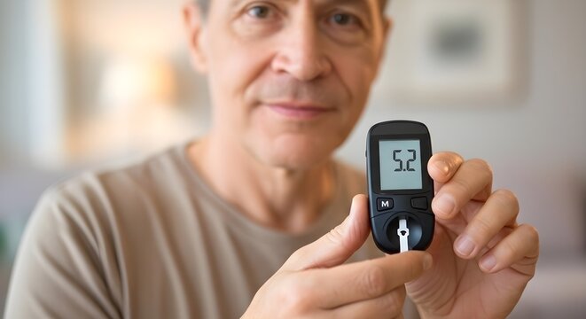 Man checking blood sugar level with a glucometer