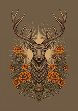 Mystical Deer with Sun Face Symbol and Marigold Flowers Engraving Illustration

