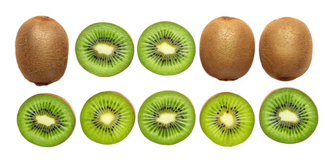 Top View of Fresh Whole and Sliced Kiwifruits on Transparent Background
Symmetrical Arrangement of Brown Whole Kiwis and Green Sliced Kiwis Isolated