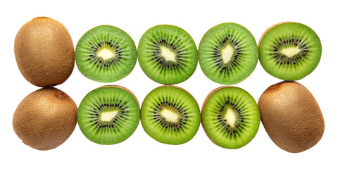 Top View of Fresh Whole and Sliced Kiwifruits on Transparent Background
Symmetrical Arrangement of Brown Whole Kiwis and Green Sliced Kiwis Isolated
