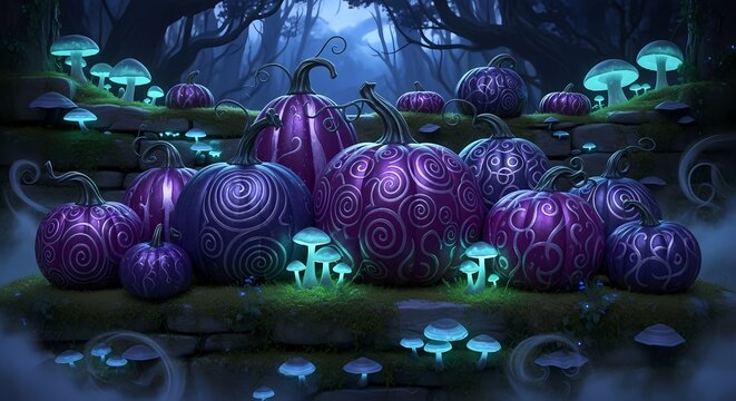 Enchanted Forest Halloween Pumpkins with Glowing Mushrooms and Mystical Swirls