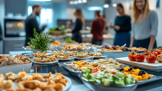 Office catering - canapes and various snacks served on a table in the background of a business meeting. - Powered by Adobe