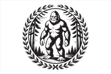 Bigfoot Silhouette Walking in Dark Forest Vector