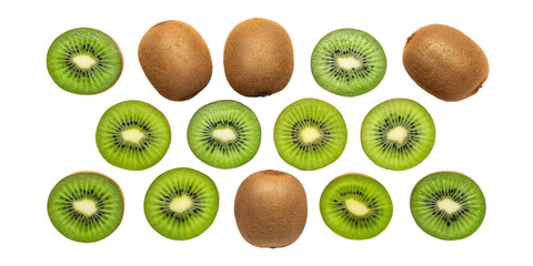 Top View of Fresh Whole and Sliced Kiwifruits on Transparent Background
Symmetrical Arrangement of Brown Whole Kiwis and Green Sliced Kiwis Isolated