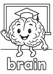 coloring book brain with graduation hat in school, educational anatomy line art for kids