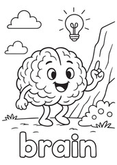 coloring book brain idea with light bulb outdoor, fun anatomy cartoon for kids