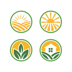 Four circular farm and nature logos with sun fields leaves and house vector 1
