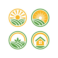 Four circular logos depicting farming and rural life with sun fields and house agriculture sunrise