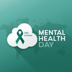 World mental health day awareness campaign with teal ribbon symbol on a cloud and supportive text on a teal background