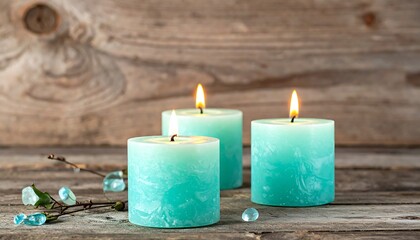 Three turquoise candles burning with visible flames, set against a weathered, rustic wooden background with a few small decorative pebbles