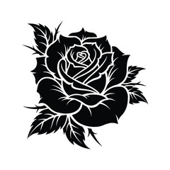 Bold Black Rose Flower Silhouette with Detailed Leaves and Sharp Thorns Vector Graphic
