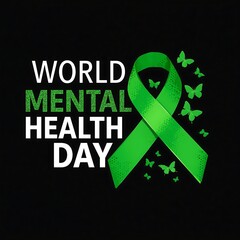 World mental health day awareness campaign featuring a green ribbon and fluttering butterflies symbolizing hope and recovery