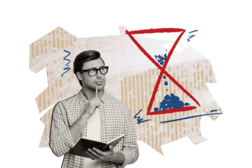 Creative collage young thoughtful man decide unsure doubts sandwatch time management countdown deadline project work copybook