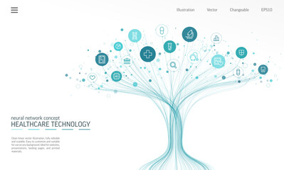 Linear vector illustration, abstract AI powered growth tree. Healthcare, medical concept. Digital technology, Neural network background. Heart, cross, pill, DNA and hospital icon. Vector infographic