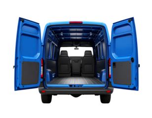  Blue Cargo Van Rear Perspective with Open Back Doors, Logistics Style, isolated transparent background PNG