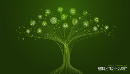 Green vector illustration, abstract AI powered growth tree. Eco, sustainability and renewable energy concept. Neural network background. Leaf, wind turbine, solar panel, water drop and recycling icon