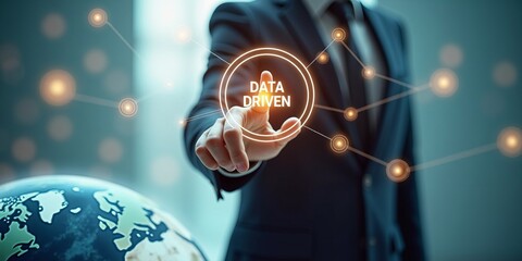 Data driven business intelligence and analytics for global strategy. Businessman touching futuristic network interface.