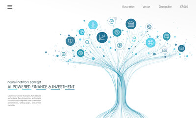 Linear vector illustration, abstract AI powered growth tree with finance, investment and banking icons. Digital technology, Neural network background. Crypto trading, fintech business concept. Vector