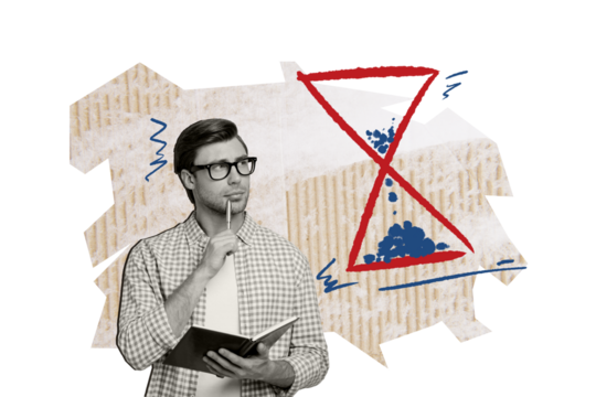 Creative collage young thoughtful man decide unsure doubts sandwatch time management countdown deadline project work copybook