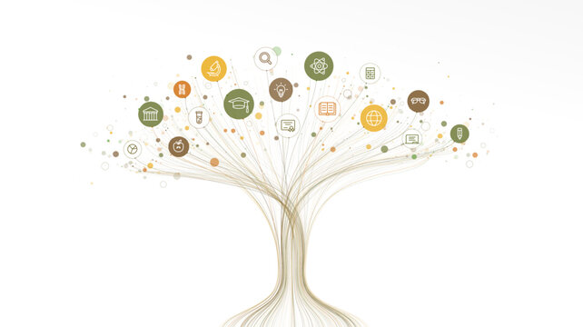 Linear vector illustration, abstract AI powered growth tree with education and knowledge icons. Digital technology, neural network background. School, University, business, science infograph concept. - Powered by Adobe