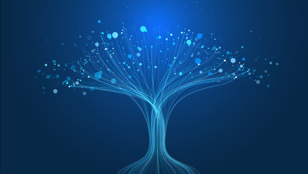 Futuristic growth tree, line and dot connections. Neural network, circuit flow background. Digital technology, big data science concept. Abstract vector for analysis system, modern business, ai design