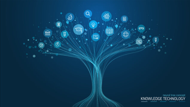 Linear vector illustration, abstract AI powered growth tree with education and knowledge icons. Digital technology, neural network background. School, University, business, science infograph concept.