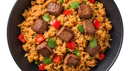 A bowl of savory rice with tender beef cubes, red bell peppers, and fresh cilantro, isolated on transparent background