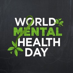 World mental health day awareness campaign with green ribbon symbol promoting support and understanding for mental well being