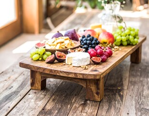 Wooden board laden with assorted cheeses, fruits, and nuts