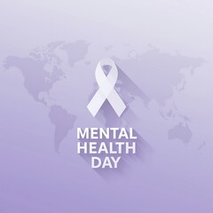 White awareness ribbon symbolizing mental health awareness and support on a soft purple background with a subtle world map overlay