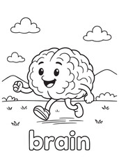 coloring book brain running outdoor in mountains, fun anatomy design for kids