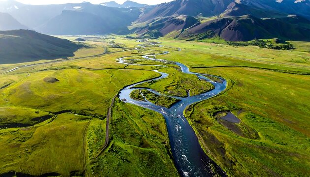 Winding river through green valley, aerial view
