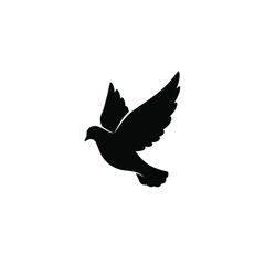 A black silhouette of a dove in flight isolated on white background silhouette
