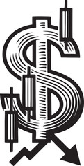 Stylized black and white illustration of a dollar symbol intertwined with stock market candlestick charts showing a downtrend
