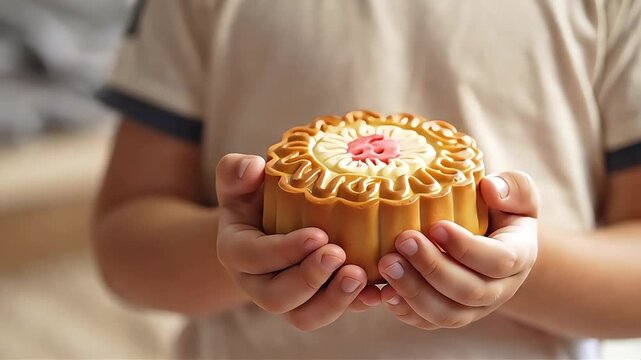 Child holding traditional mooncake dessert in hands during mid autumn festival celebration, Chinese cultural pastry food for holiday and tradition