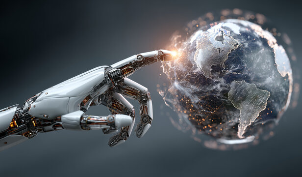 robot hand touching human finger on a digital earth globe with global network connection technology concept, a futuristic robot and artificial intelligence concept