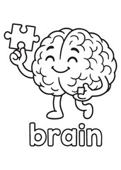 coloring book brain holding puzzle piece, problem solving anatomy cartoon