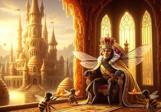 A regal bee king sits on a throne in a golden honey castle, with bee subjects and a fairytale cityscape in the background