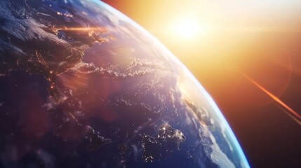 Earth From Space with Sunlight and City Lights Visible in Bright Sunset Scene