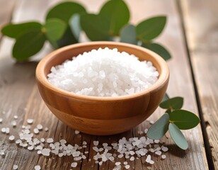 Wooden bowl filled with coarse white salt, with eucalyptus leaves