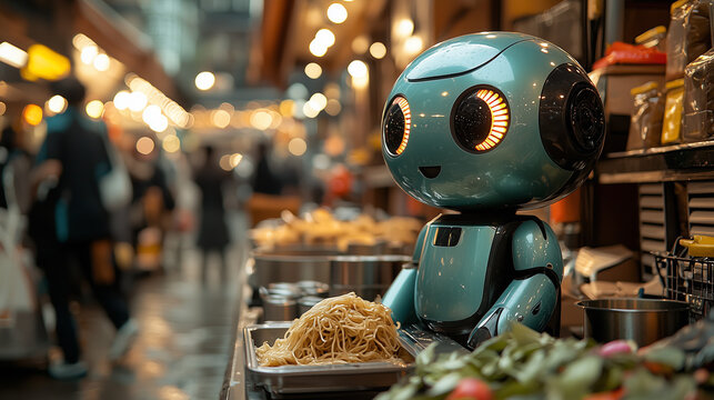 Robot Chef at the Street Market: A charming turquoise robot chef stands amid a bustling street market scene, observing the culinary action with curious eyes, bringing future into the now.