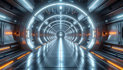 Futuristic spaceship interior corridor, metallic and glowing lights