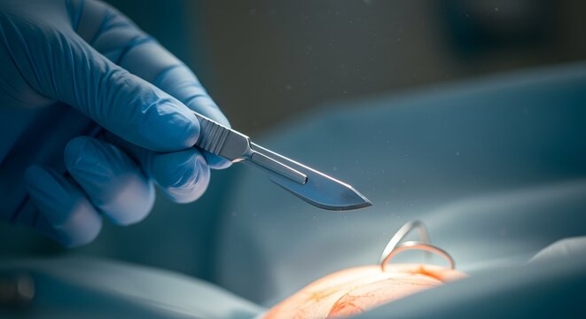 Surgeon's gloved hand holding a scalpel during a medical operation in an operating room.