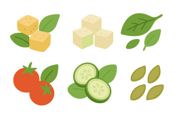 Assortment of fresh healthy food ingredients, including cheese, tofu, tomatoes, cucumber, and green leaves, for a balanced diet