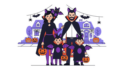 Spooky Family on Halloween Night: A family, decked out in playful Halloween attire, stands against the backdrop of a house adorned with pumpkins and bats.
