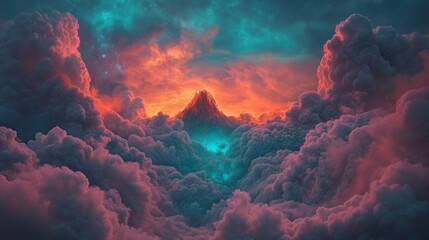 A volcano of mystique erupts with vibrant neon lava and explosive energy releases